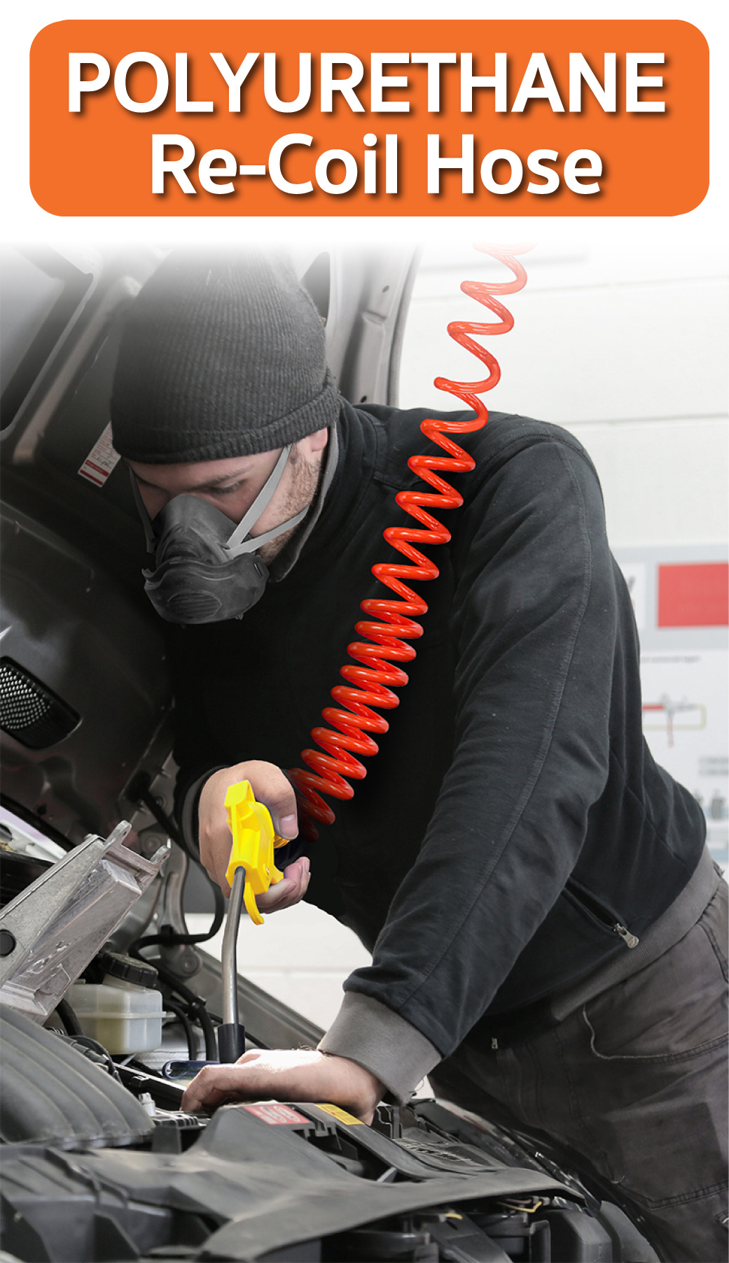 สายปั๊มลมขดสปริง PU สีส้ม ขนาด 5x8 ยาว 20 เมตร คอปเปอร์หัวท้าย พร้อมข้อต่อสวมเร็ว