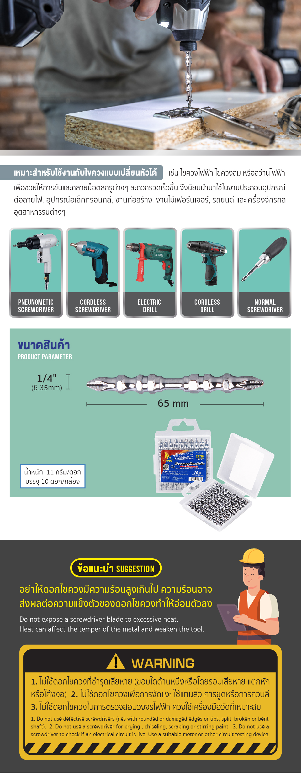 วิธีใช้งาน ดอกไขควง 2 หัว PH2xPH2 ยาว 65 มม. รุ่น H1/4x65LxPH2xPH2 ยี่ห้อ SUMO