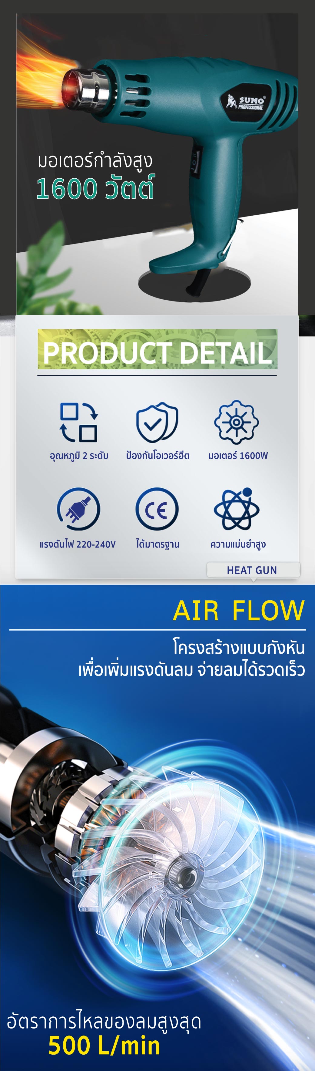 ปืนเป่าลมร้อน รุ่น HG1600 SUMO 240V 1600W
