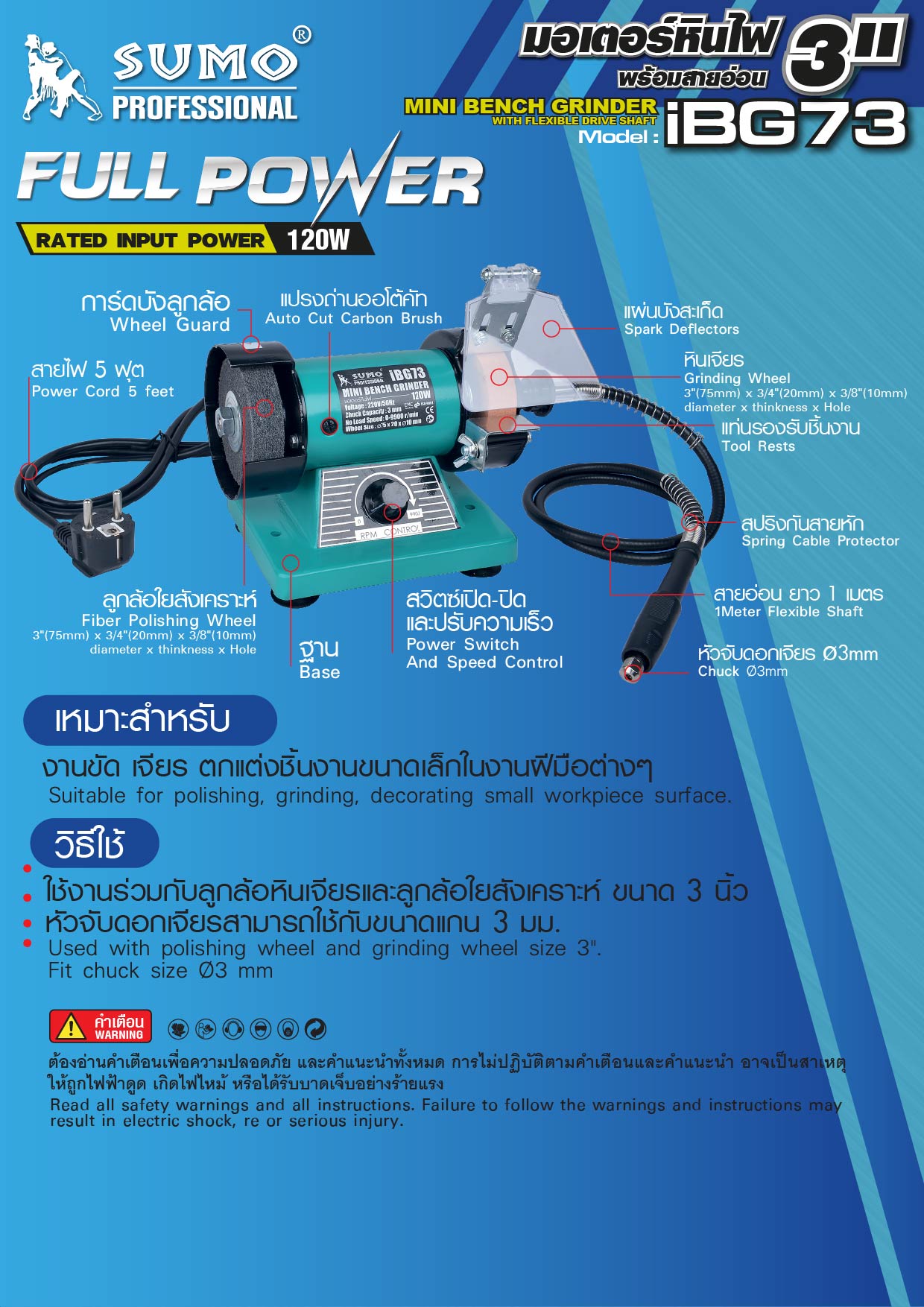 รายละเอียดข้อมูลสินค้า มอเตอร์หินไฟ 3 นิ้ว รุ่น IBG73 